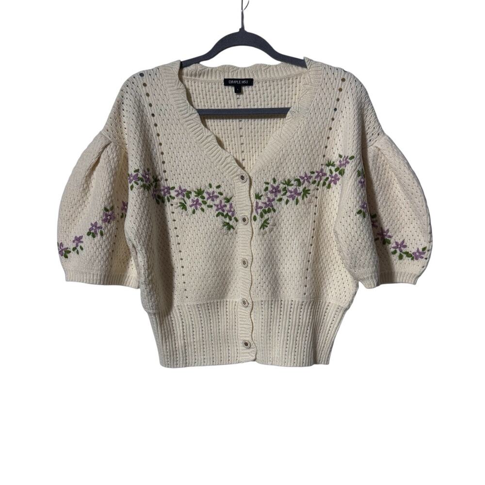 Dimple Hsu Floral Embroidered Cardigan Sweater Puff Sleeve Knit Large